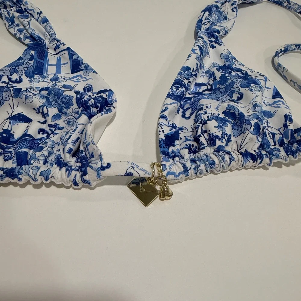 Bydee Cyprus Bikini Top Alythia Blue White Toile Landscape Gold Charms Small